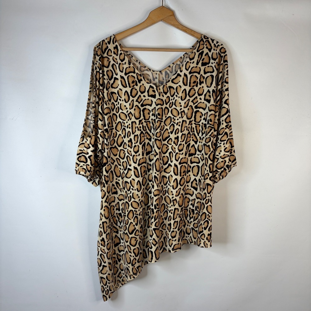 Lane Bryant Tunic Top Women 22/24 Leopard Cold Shoulder Asymmetrical Hem